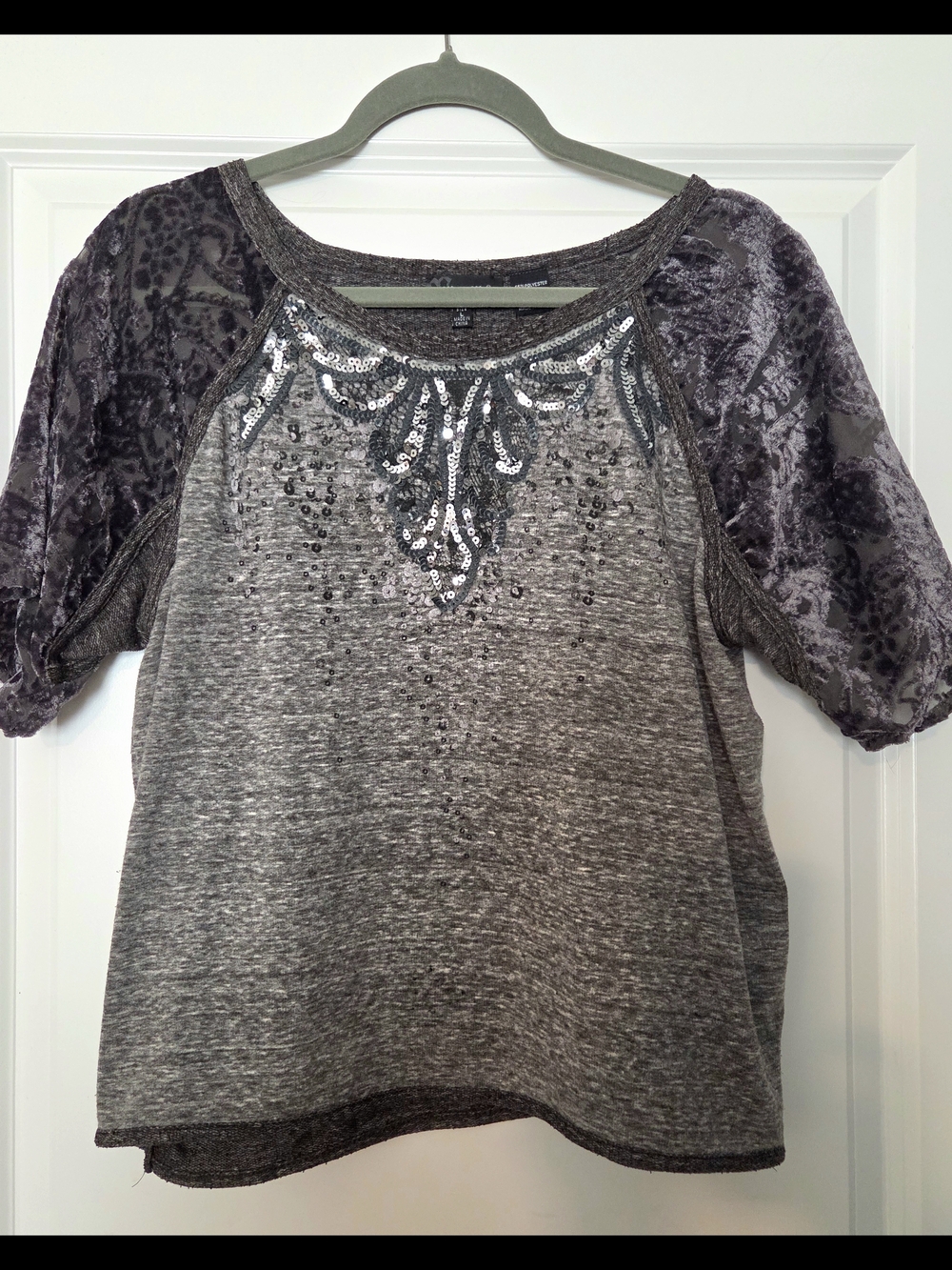 Miss Me Gray Sequin & Velvet Sleeve Pullover